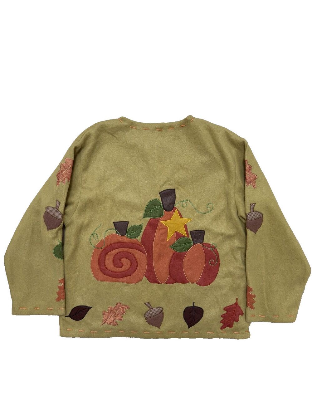 VTG 90s Y2K Autumn Pumpkin Leaf Applique Fleece Jacket Mustard Cardigan L Lined - Picture 15 of 16
